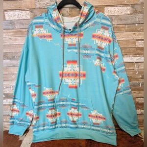 New Boho Southwestern Turquoise Blue Aztec Hoodie With Front Pocket